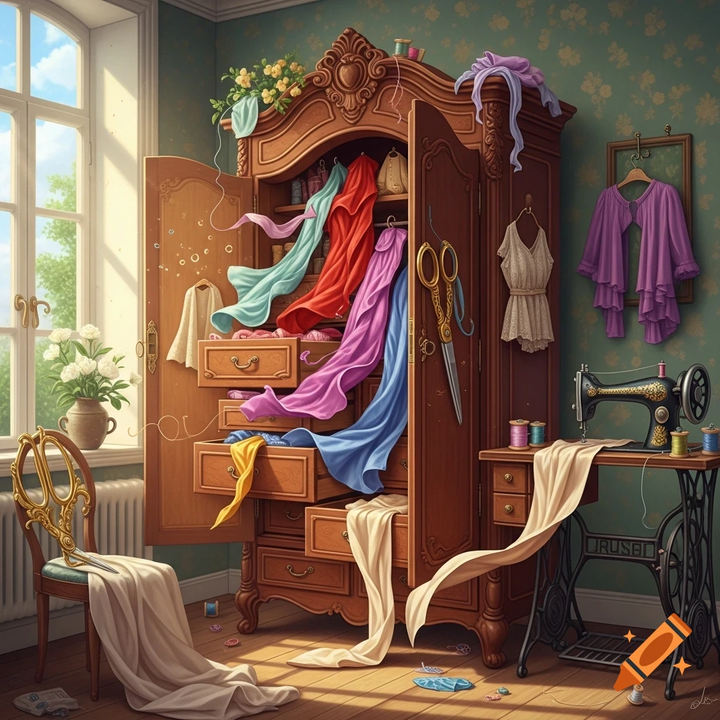 A sunlit room with a wooden wardrobe overflowing with colorful clothes, a vintage sewing machine, and a chair with large golden scissors.