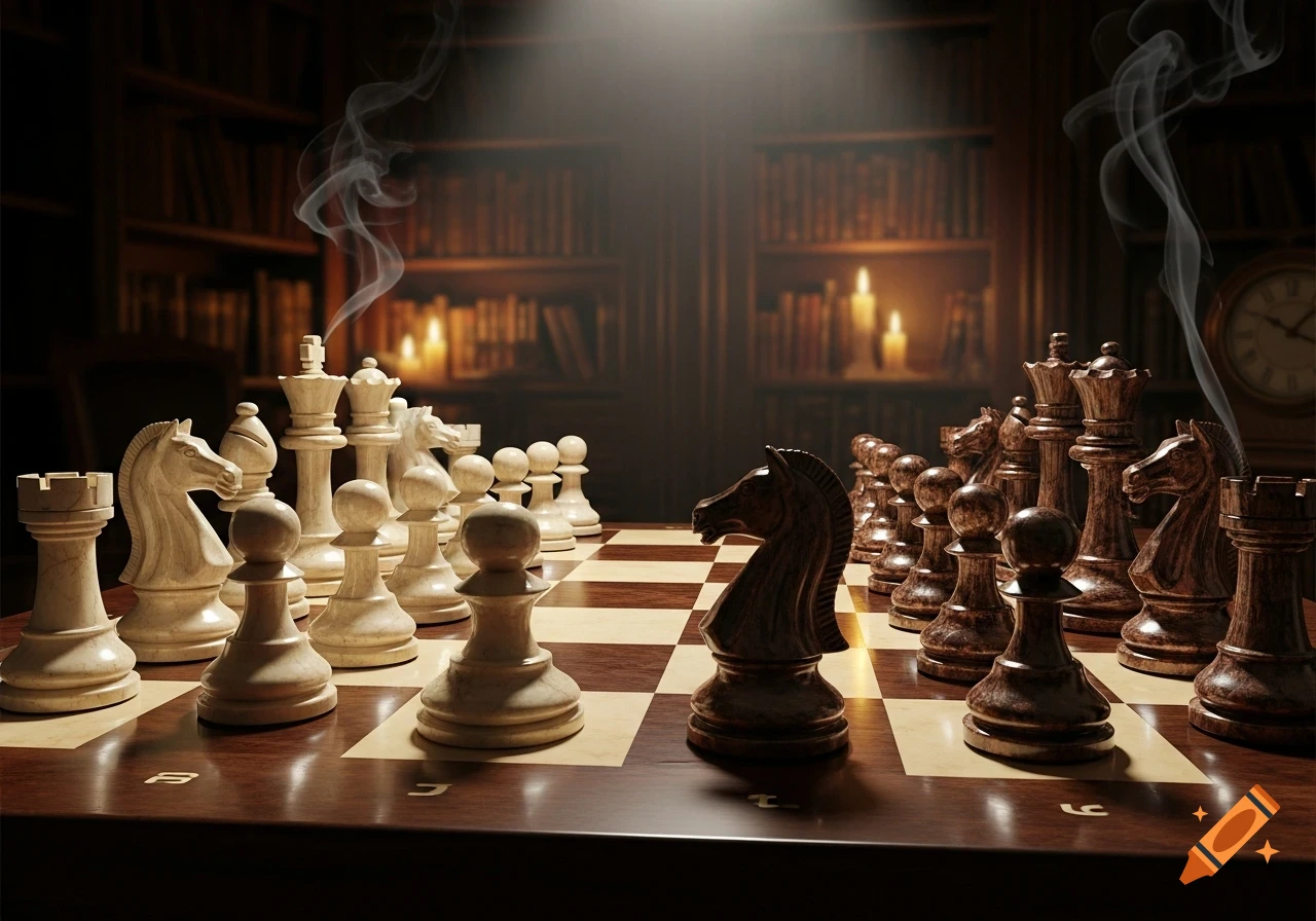 A dramatic, photorealistic close-up of a chess board with white and dark wood pieces set against a dimly lit library with candles and smoke.