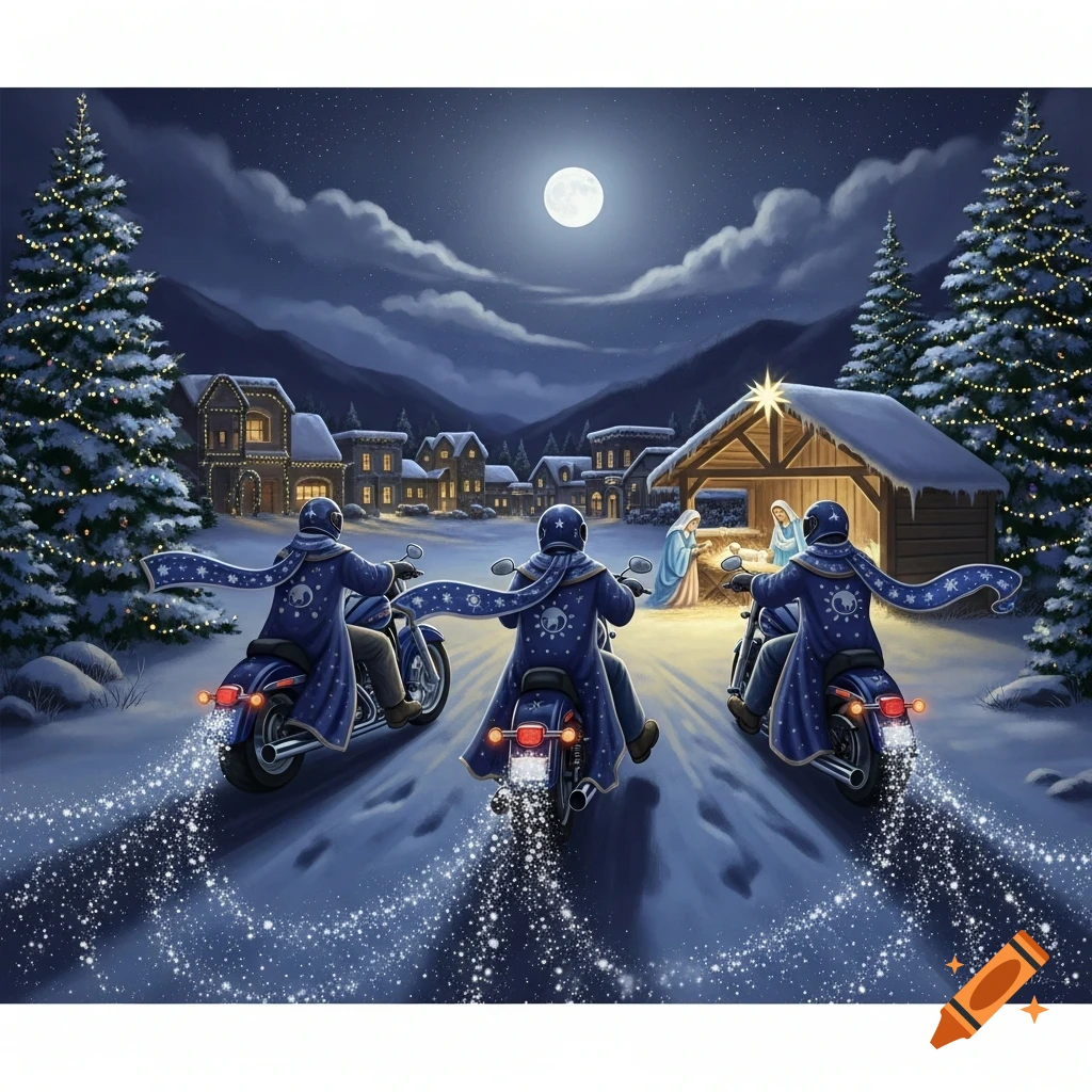 Three motorcycle-riding magi approach a nativity scene in a snowy, moonlit town, leaving trails of sparkling snow.