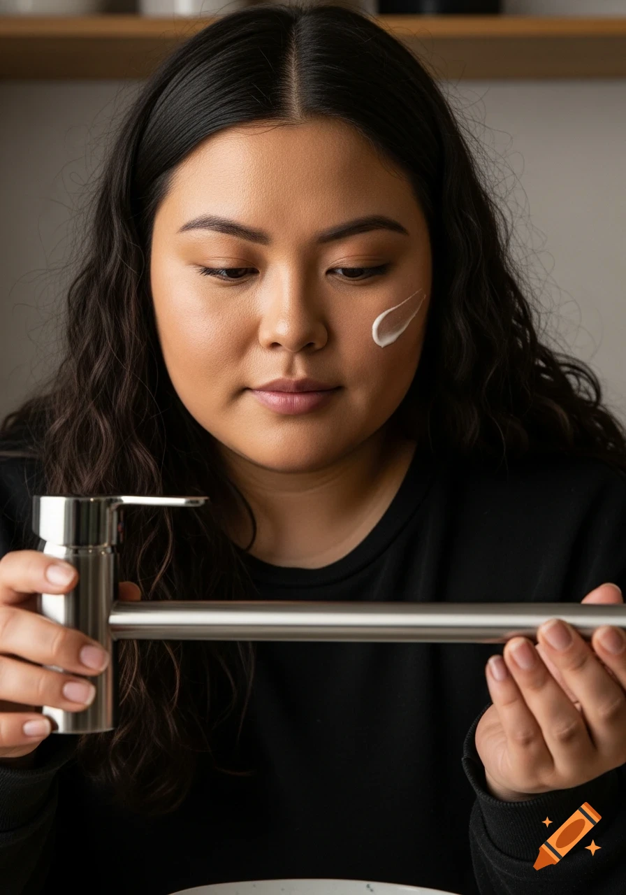 A young woman with long dark hair holds a silver faucet while applying off-white gel to her cheek.