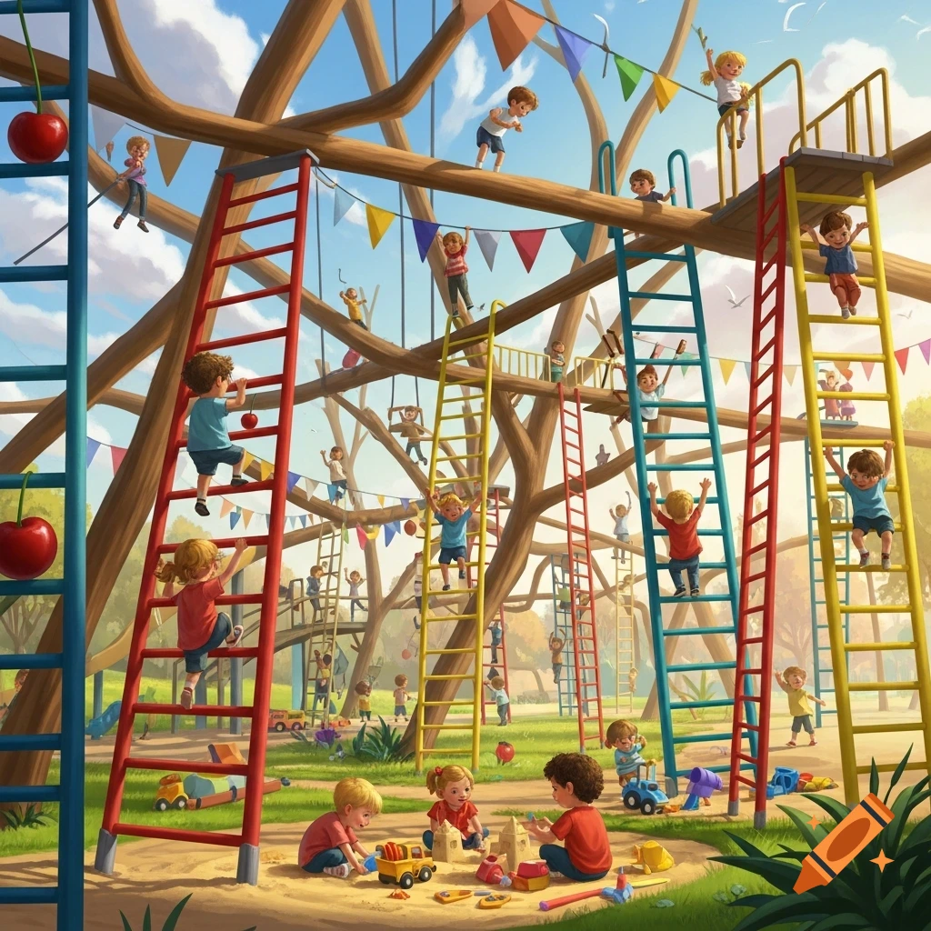 Illustration of many children playing on a complex playground with numerous red, yellow, and blue ladders and sandboxes under a blue sky.