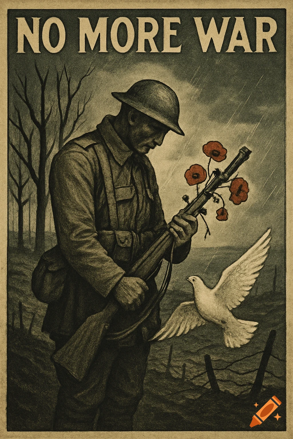 Vintage anti-war poster depicting a soldier holding a rifle with poppies, a dove flying over a battlefield, and "NO MORE WAR" text.