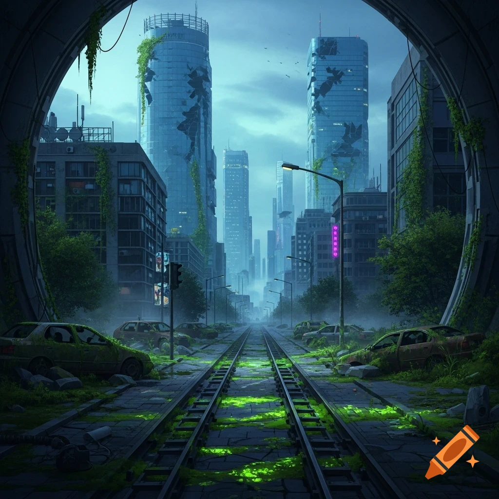 Abandoned futuristic city with train tracks overgrown by glowing green moss, surrounded by dilapidated skyscrapers and rusty cars.