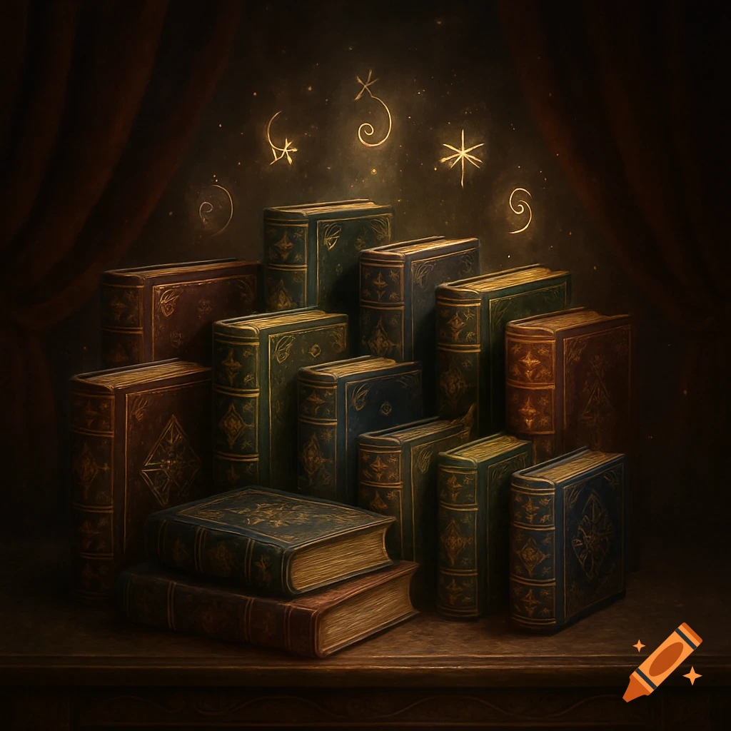A stack of ornate, antique books with gold and blue covers, illuminated by a warm glow and surrounded by glowing magical symbols.