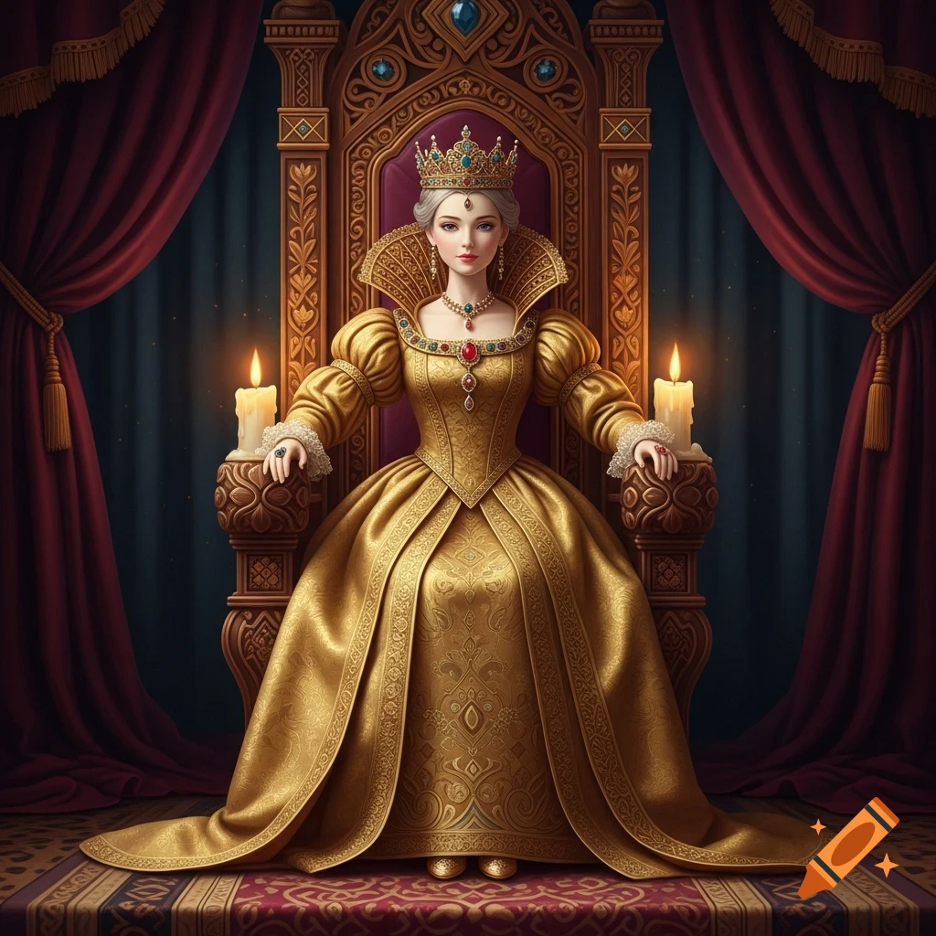 A queen in a golden dress sits regally on an ornate throne, flanked by burning candles and red drapes.