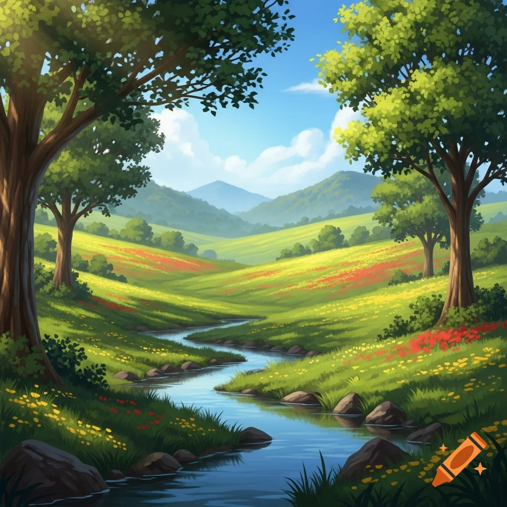 A vibrant digital painting of a winding river flowing through a lush ...