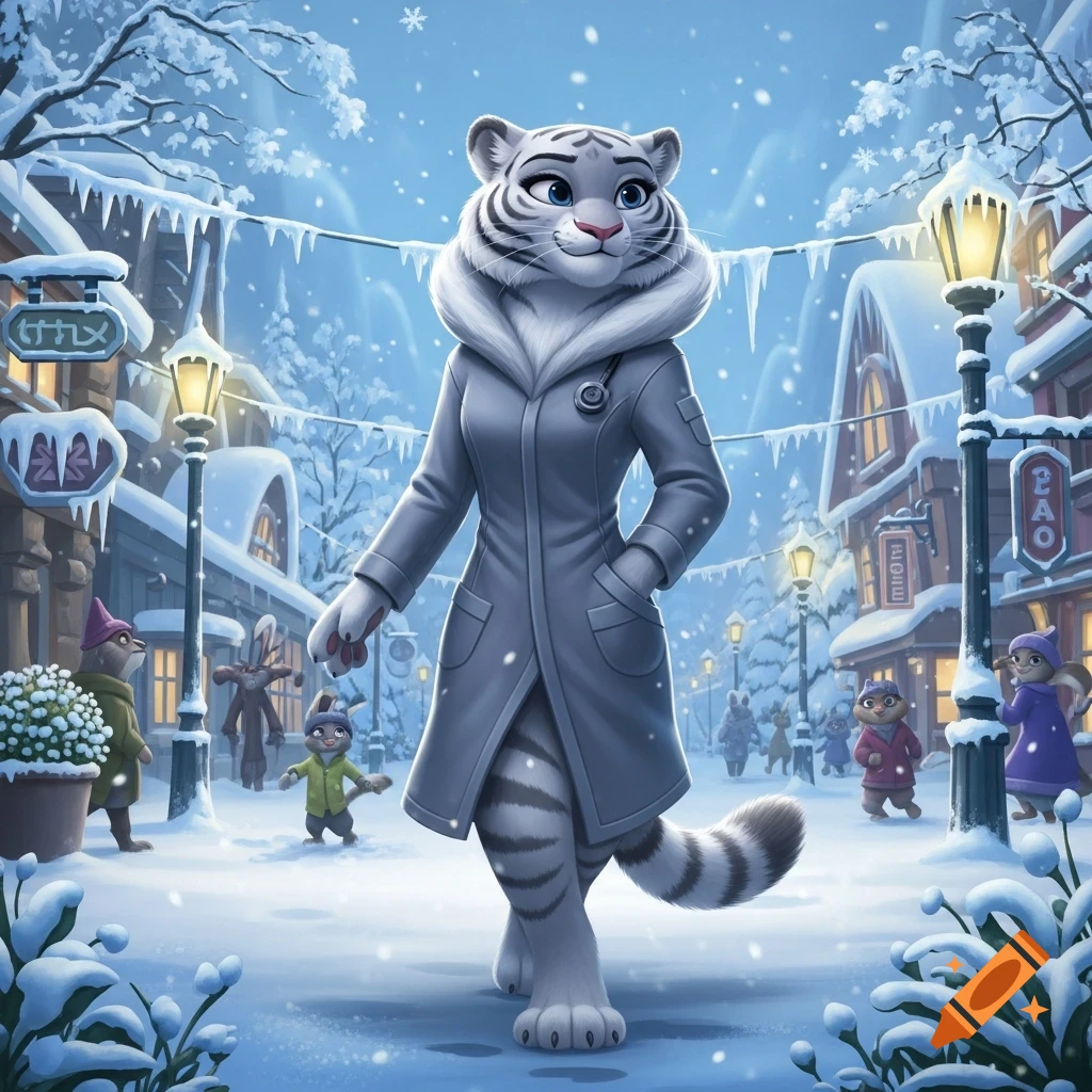 An anthropomorphic white tiger doctor in a grey coat walks through a snowy, festive town with other cartoon animals.