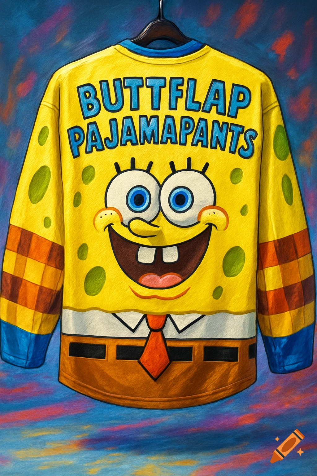 Yellow SpongeBob hockey jersey with "BUTTFLAP PAJAMAPANTS" text, on a hanger against a colorful, painted background.