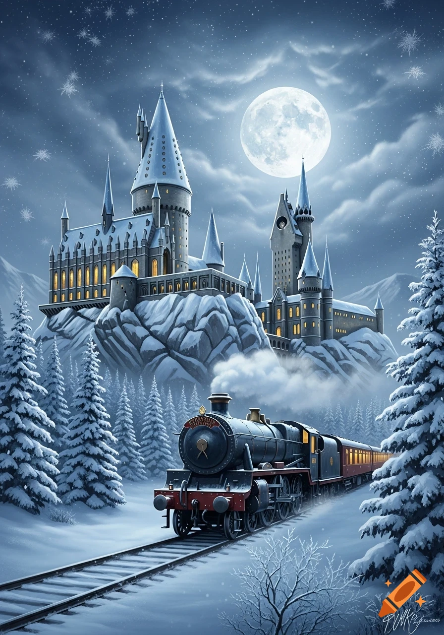 A snowy night scene with a steam train, labeled 'Hogwarts Express', traveling on tracks towards a large, illuminated castle under a full moon.