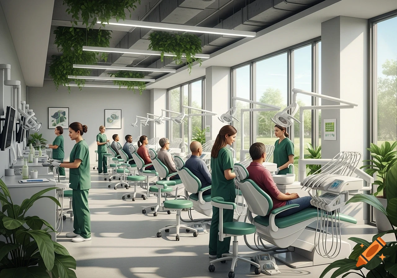 A modern, bright dental clinic with several dental chairs, dentists in green scrubs, and patients. Large windows overlook a green outdoor area.