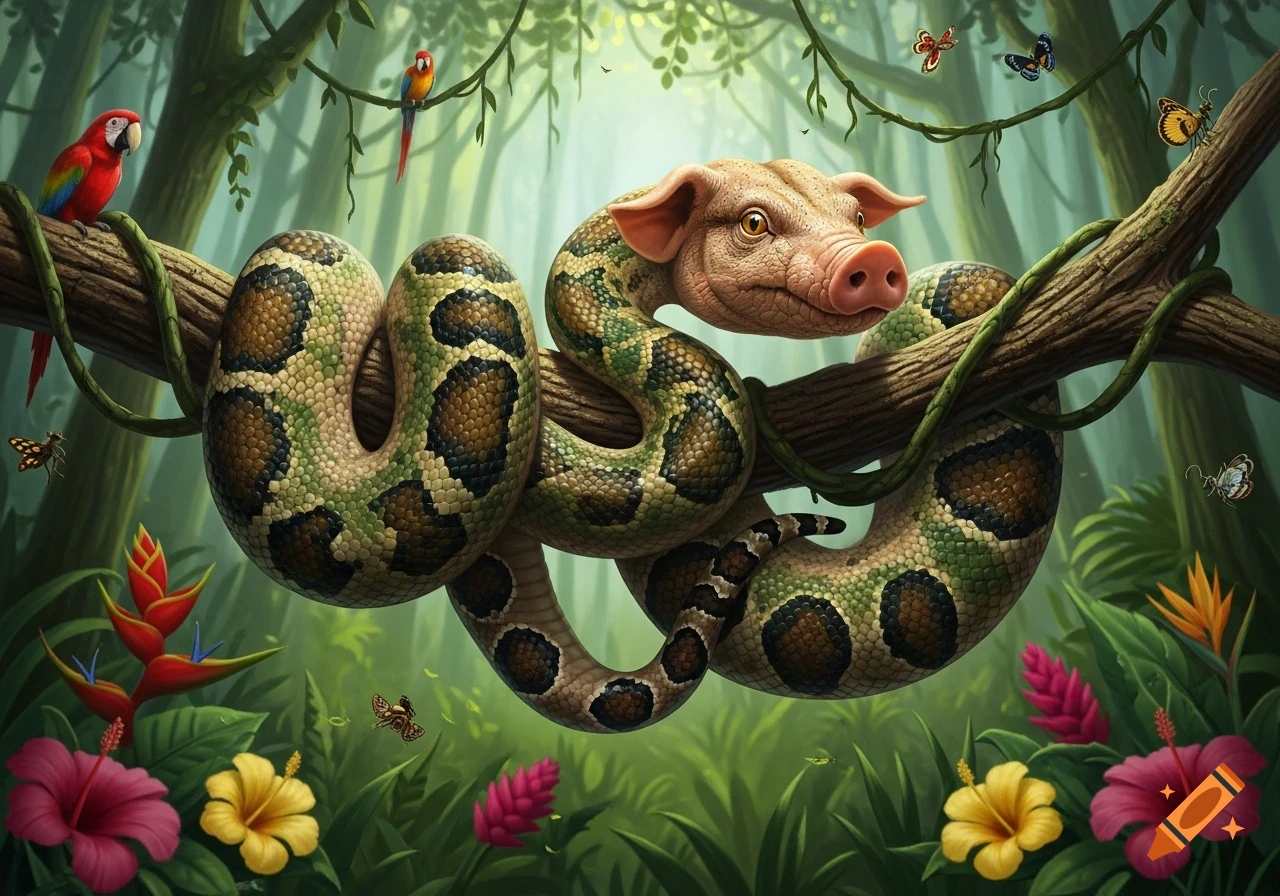 A fantasy creature, a boa constrictor with a pig's face, coiled on a branch in a vibrant jungle, surrounded by exotic flowers and parrots.