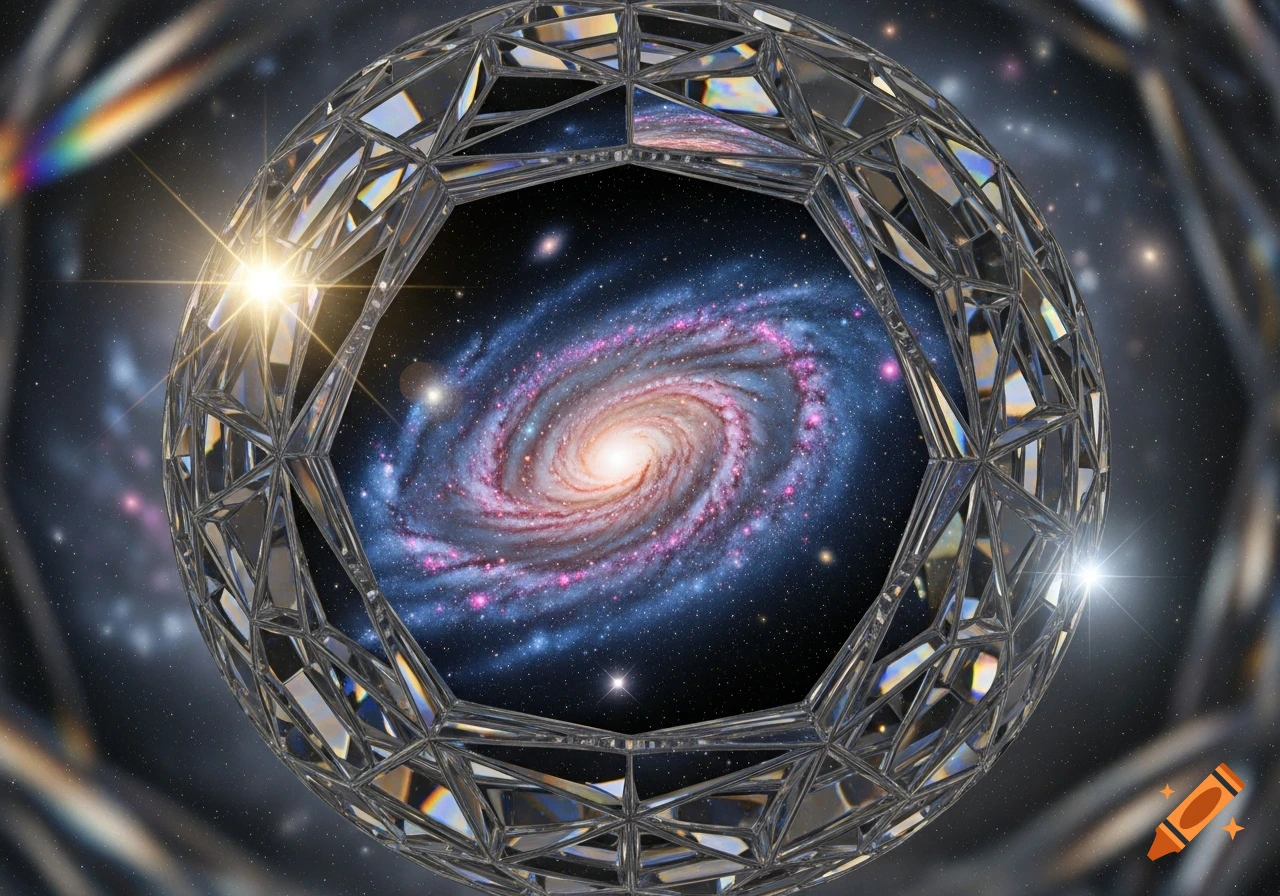 A vibrant spiral galaxy viewed through a complex, spherical crystalline maze of reflective facets in deep space.