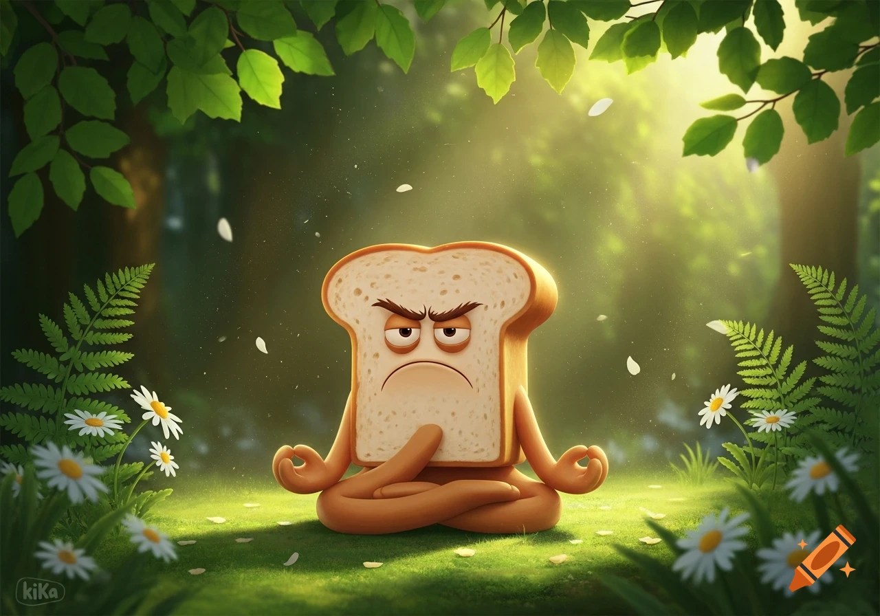 A grumpy cartoon slice of bread meditates in a peaceful, sun-dappled forest clearing with daisies and ferns.
