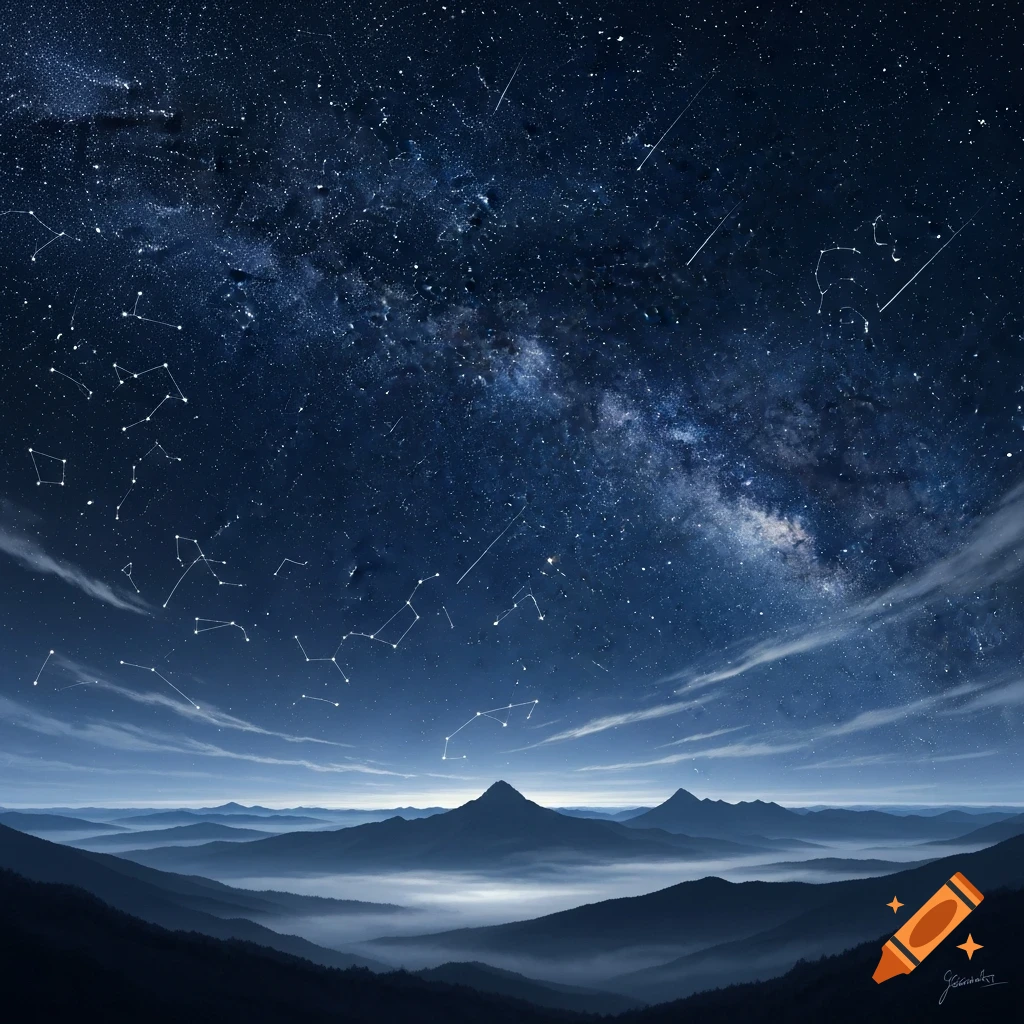 A breathtaking night sky filled with the Milky Way, constellations, and shooting stars over misty, dark mountains.