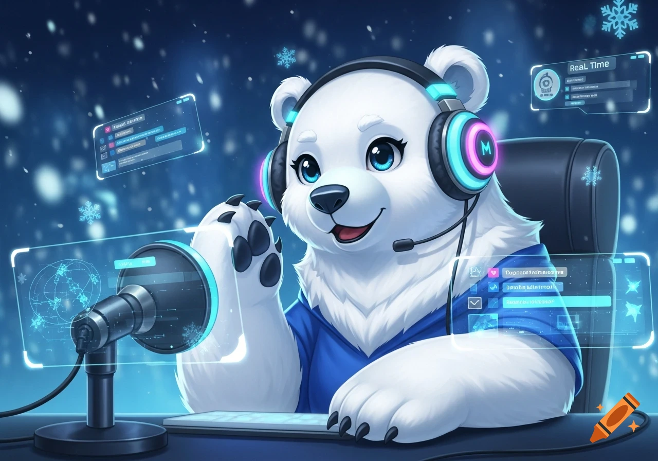 A cute cartoon polar bear wearing headphones with a microphone, sitting at a desk with holographic screens and falling snowflakes.