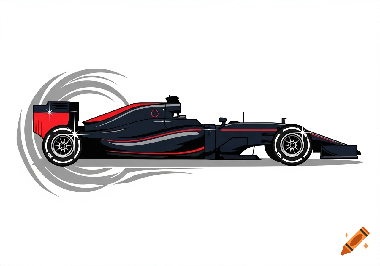A stylized illustration of a black and red Formula 1 race car with grey speed lines behind it.