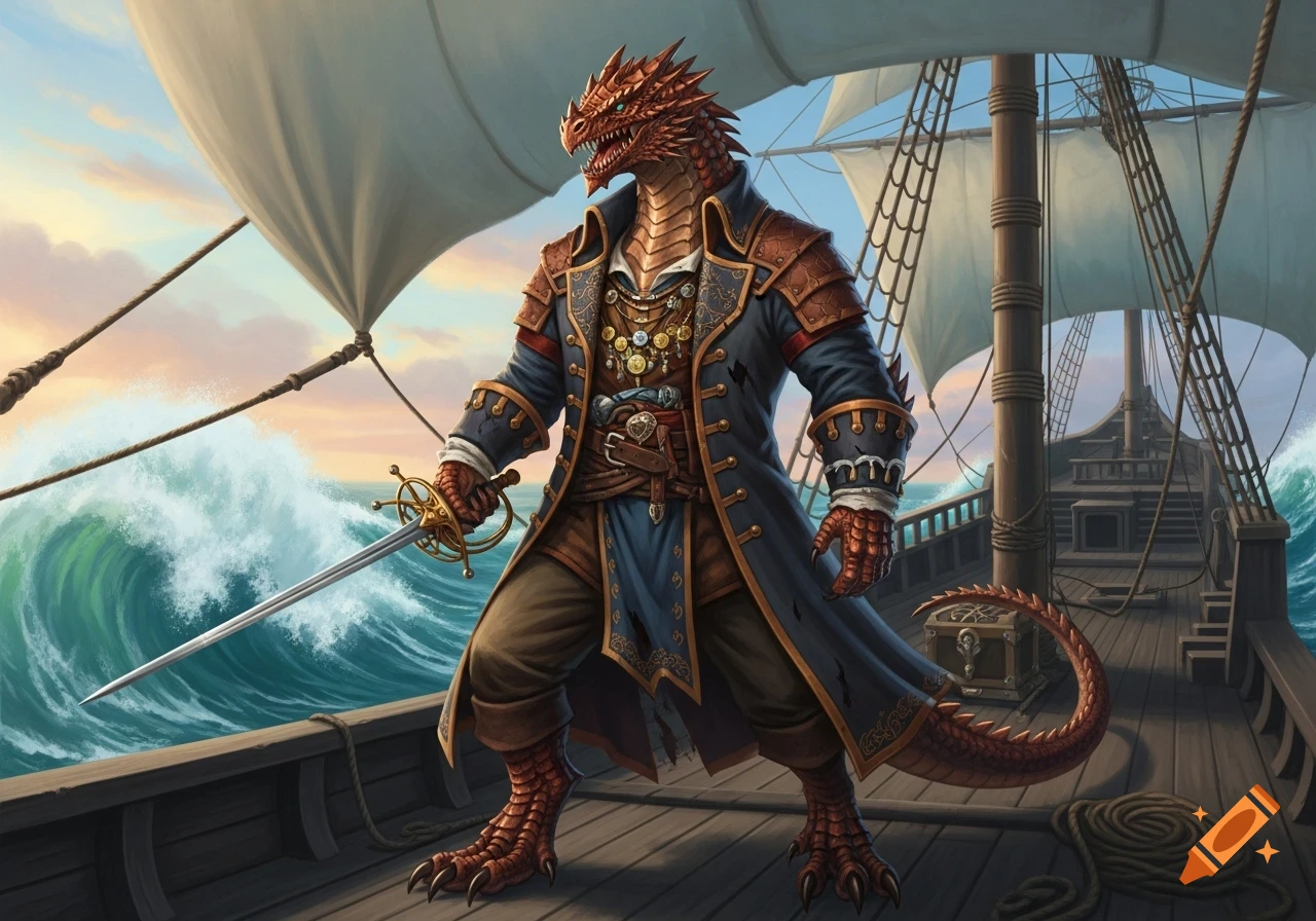 A copper dragonborn pirate in a blue coat stands on a ship deck, holding a rapier, with waves and sails behind.