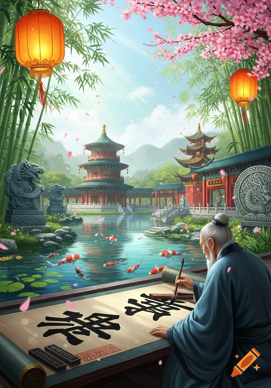 An old man in a serene Chinese garden does calligraphy by a koi pond with pagodas, bamboo, and cherry blossoms.