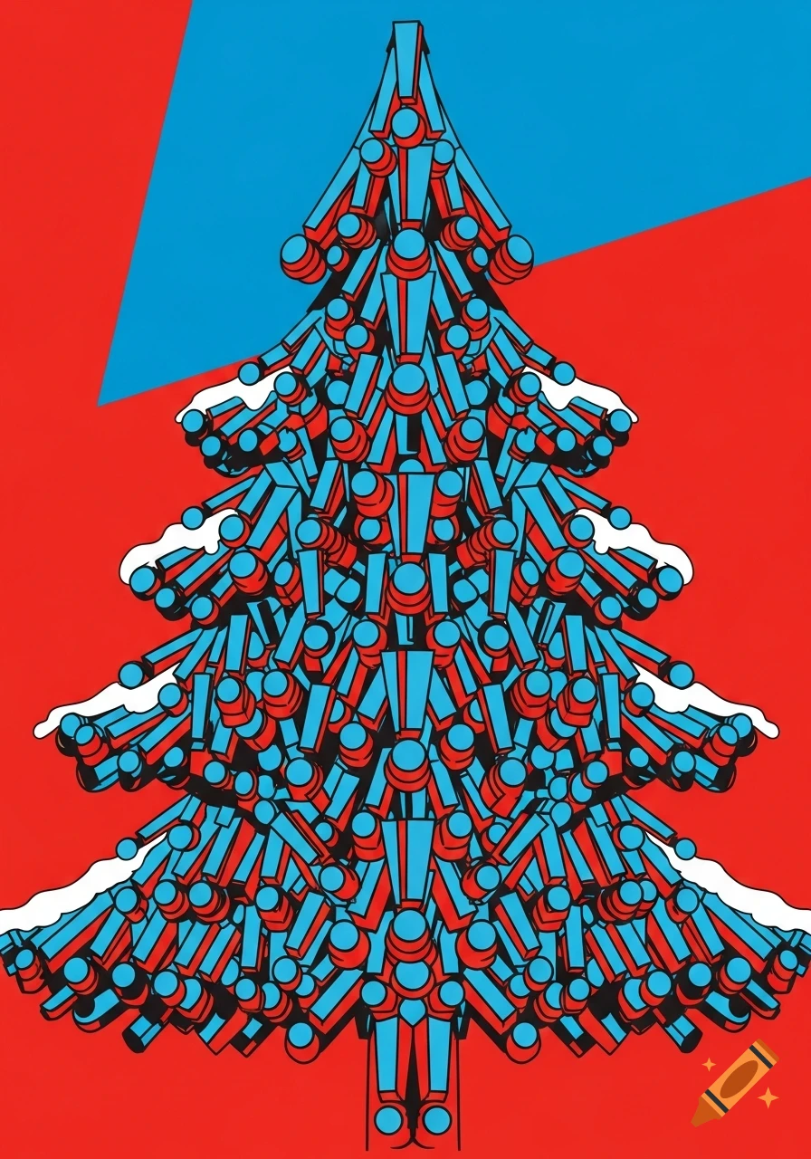 A vibrant Pop Art Christmas tree composed of red and light blue exclamation marks and circles, with white snow, on a red and blue background.