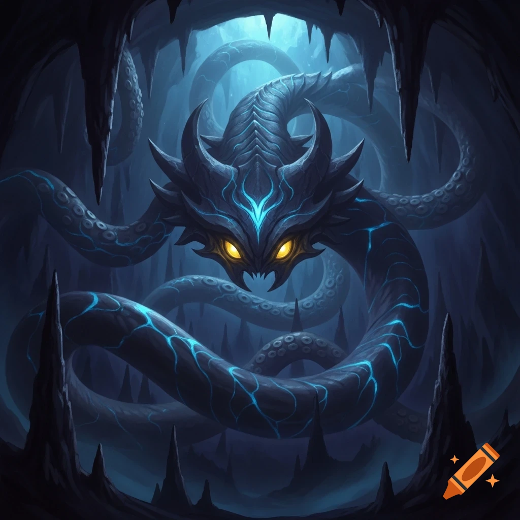 Dark kraken-like monster with glowing yellow eyes and blue markings in a deep, dark cave.