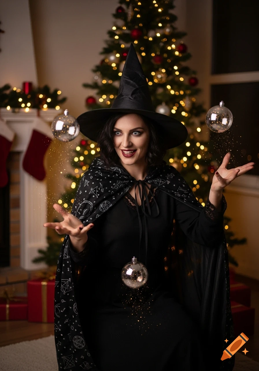 A photorealistic witch in a black hat and cloak levitates sparkly Christmas ornaments in front of a festive tree.