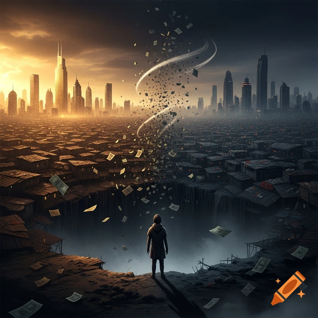 A lone figure stands at the edge of a chasm, gazing at money bills spiraling between a golden city skyline and a dark shantytown.