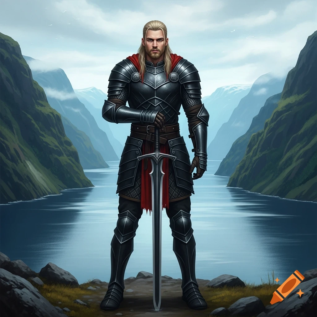 A tall, blonde, bearded knight in black armor stands stoically, holding a large sword in a high fantasy fjord landscape.