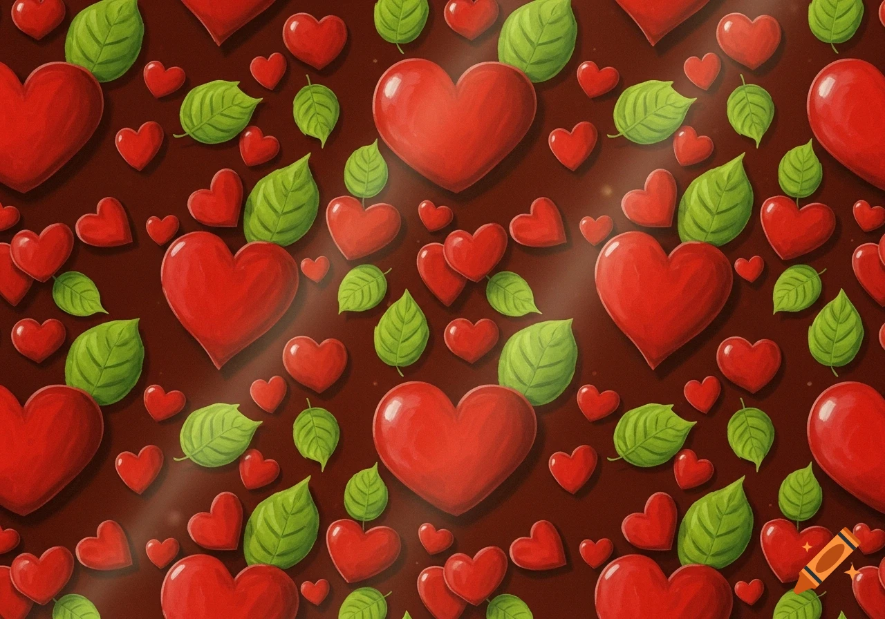 A seamless pattern of red hearts and green leaves on a dark red background, rendered in an illustrative style.