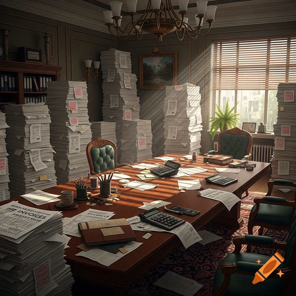 An old-fashioned office with a large wooden desk covered in papers, multiple calculators, and tall stacks of documents, possibly invoices, reaching toward the ceiling in a sunlit room.