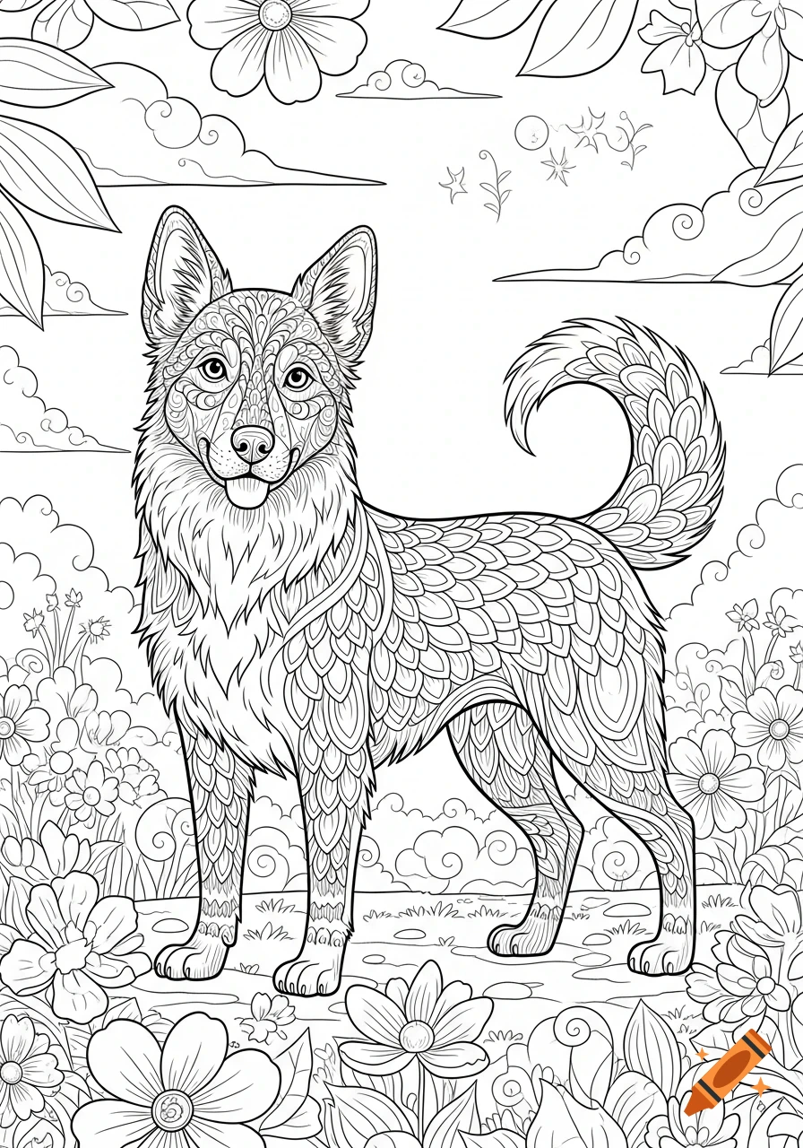 A black and white line art coloring page of a patterned dog standing in a field of flowers with clouds in the sky.