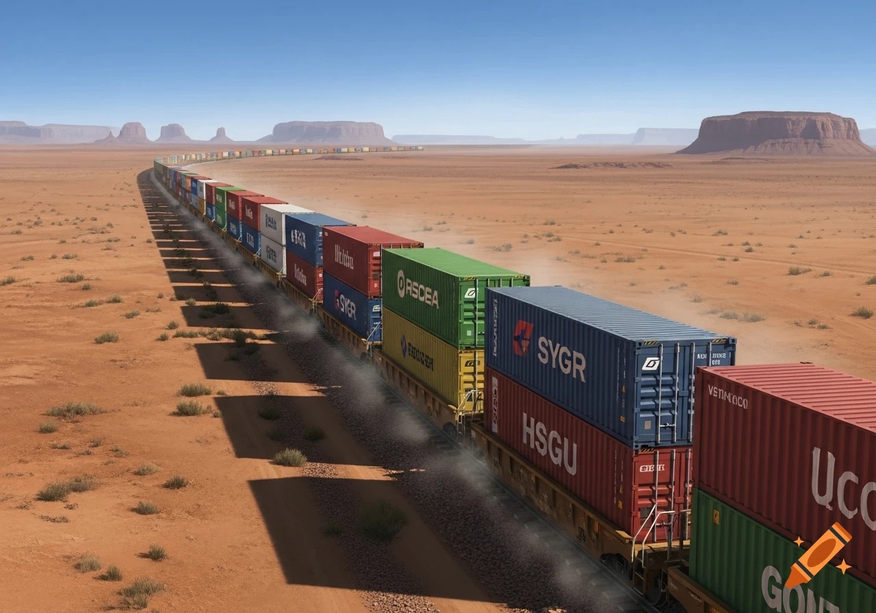 A long freight train with colorful shipping containers moving through a vast desert landscape with mesa formations under a clear sky.