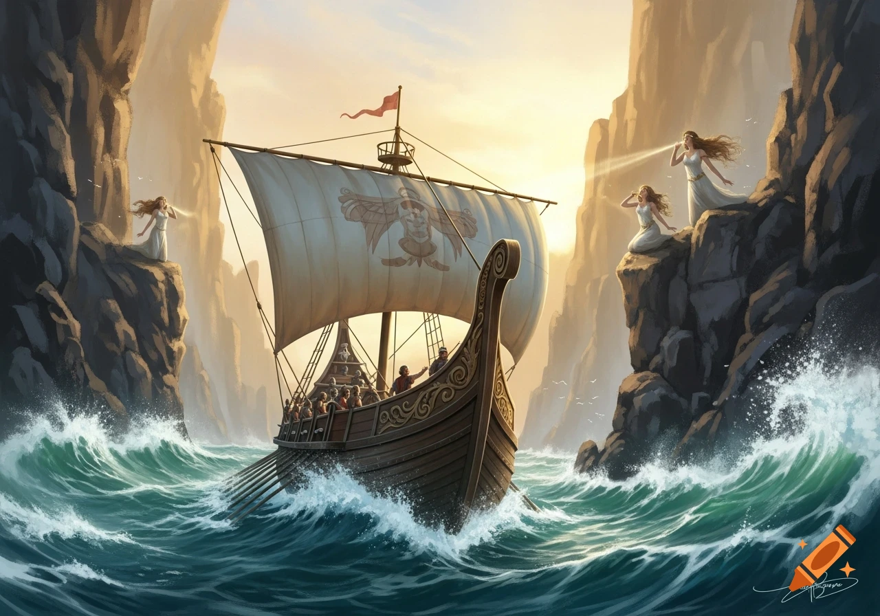 A detailed fantasy painting of a wooden ship full of people sailing through a rocky passage, lured by singing sirens on the cliffs.