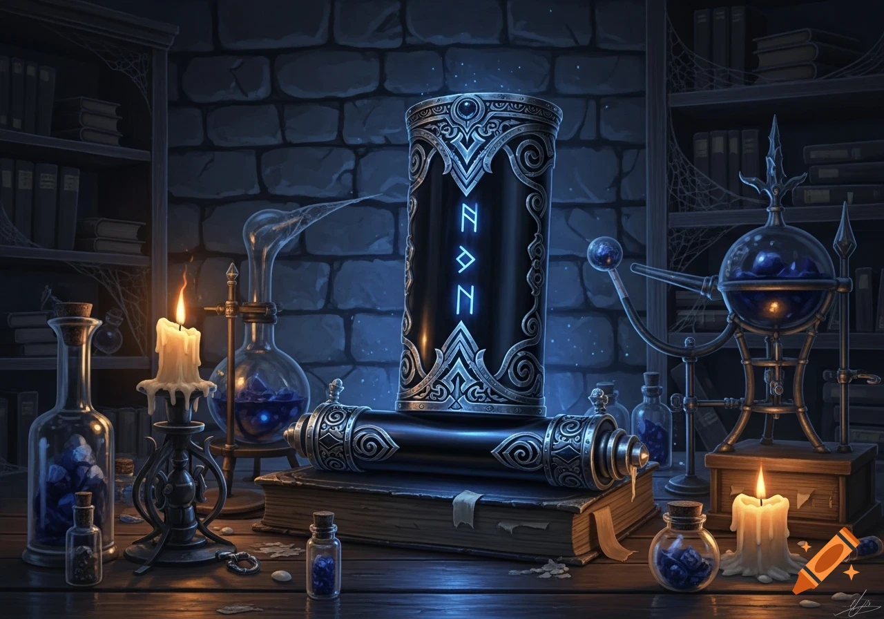 A close-up of a mystical alchemist's table featuring a glowing dark magic scroll, other scrolls, candles, and various glass vials.