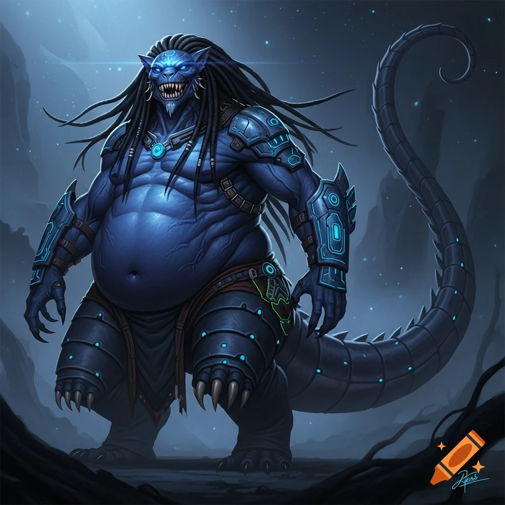 A large blue humanoid monster with glowing eyes, dreadlocks, sharp teeth, cybernetic armor, and a long segmented tail, stands in a dark, misty environment.