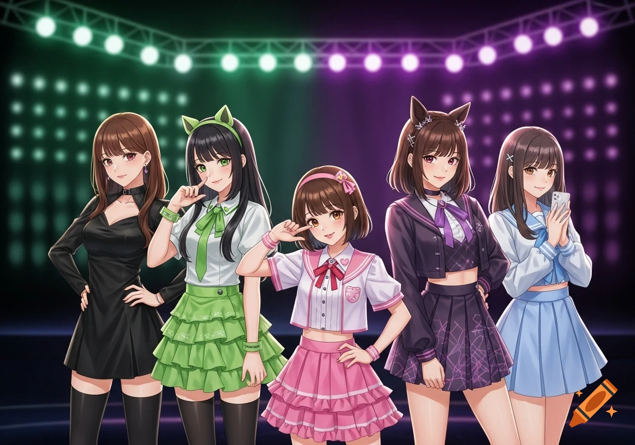 Five anime-style female idols with varying hair colors and colorful outfits pose on a stage under green and purple spotlights.