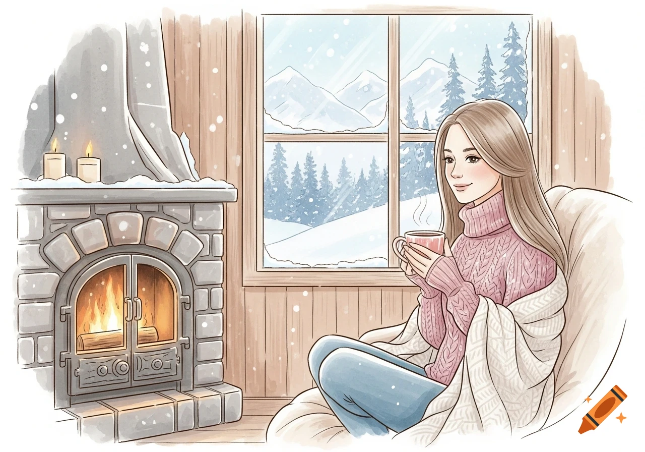 Watercolor illustration of a woman in a cabin, by a fireplace, holding tea and looking at snowy mountains outside.