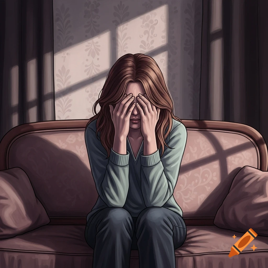 An illustration of a sad woman with brown hair sitting on a couch, covering her face with her hands, sunbeams shining in the room.