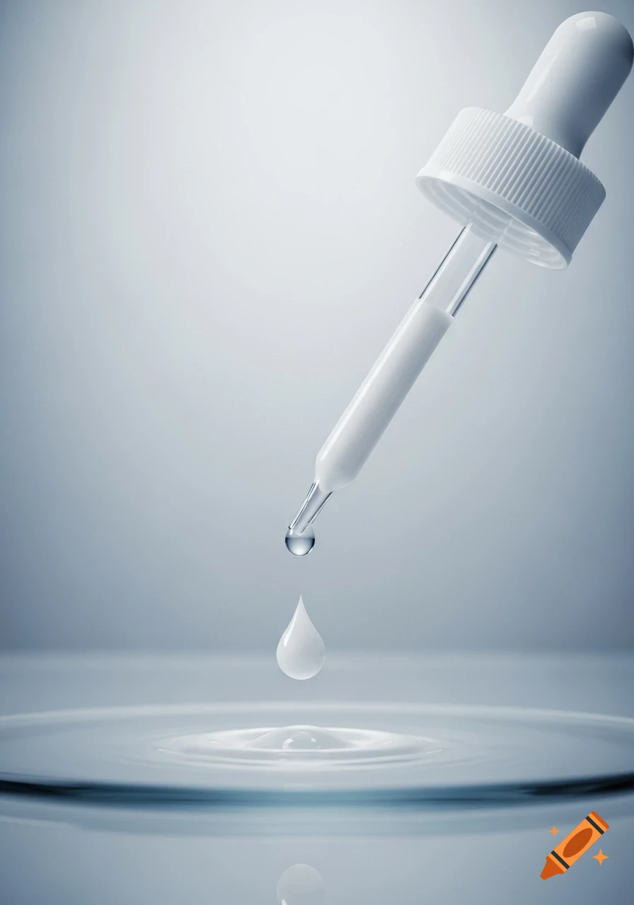 A white dropper dispenses a white drop of liquid into a clear surface, creating ripples.