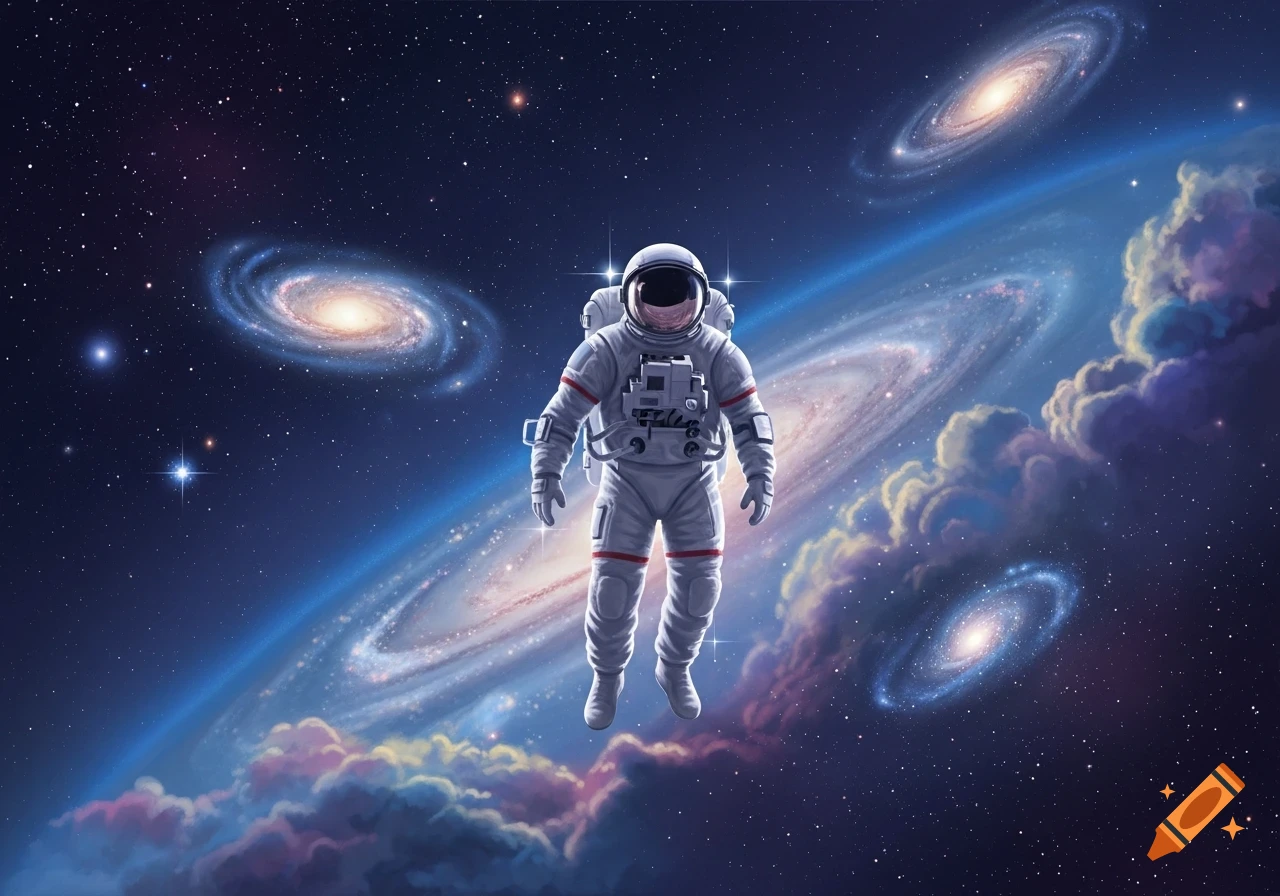 An astronaut in a white suit floats in deep space, surrounded by swirling galaxies, stars, and colorful nebulae.