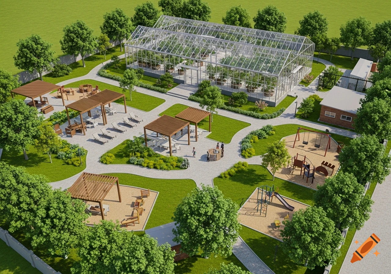 Detailed architectural site layout featuring a large glass greenhouse, multiple pergolas, two playgrounds, winding paths, and lush green lawns with trees.