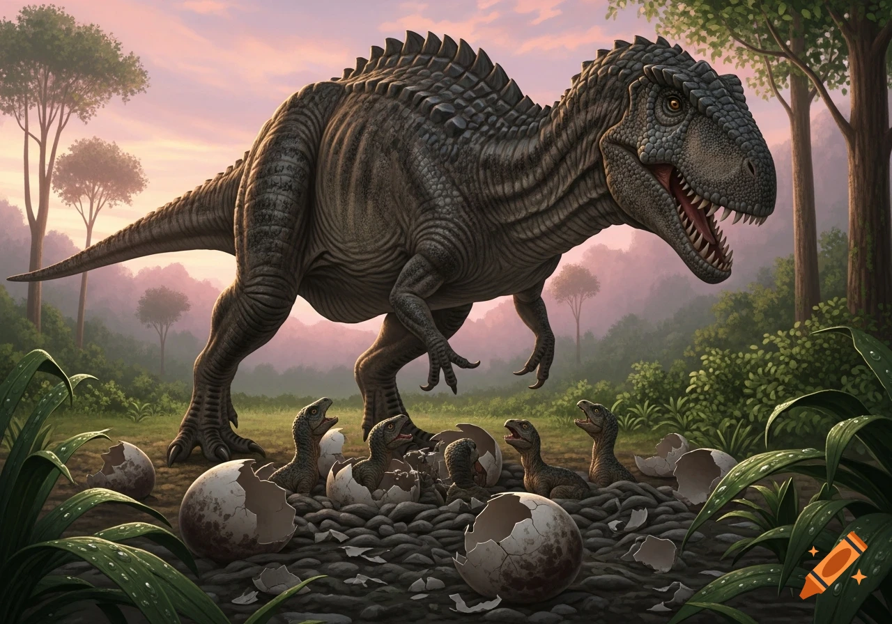 A photorealistic depiction of a Gorgosaurus guarding its hatching nest with baby dinosaurs in a lush, prehistoric forest at sunset.