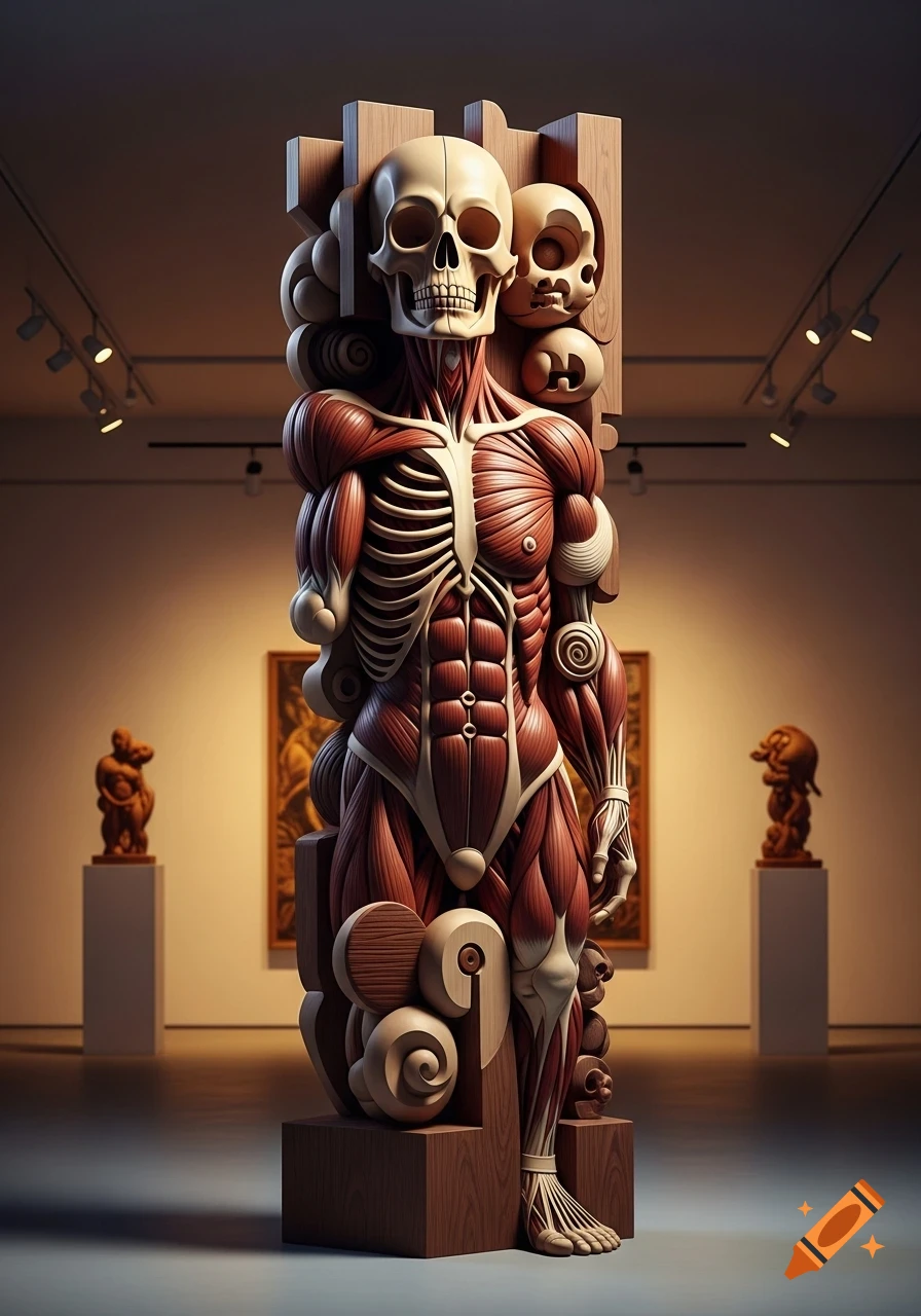 Stylized anatomical sculpture with exposed muscles and a skull head, made of wood, displayed in a museum.