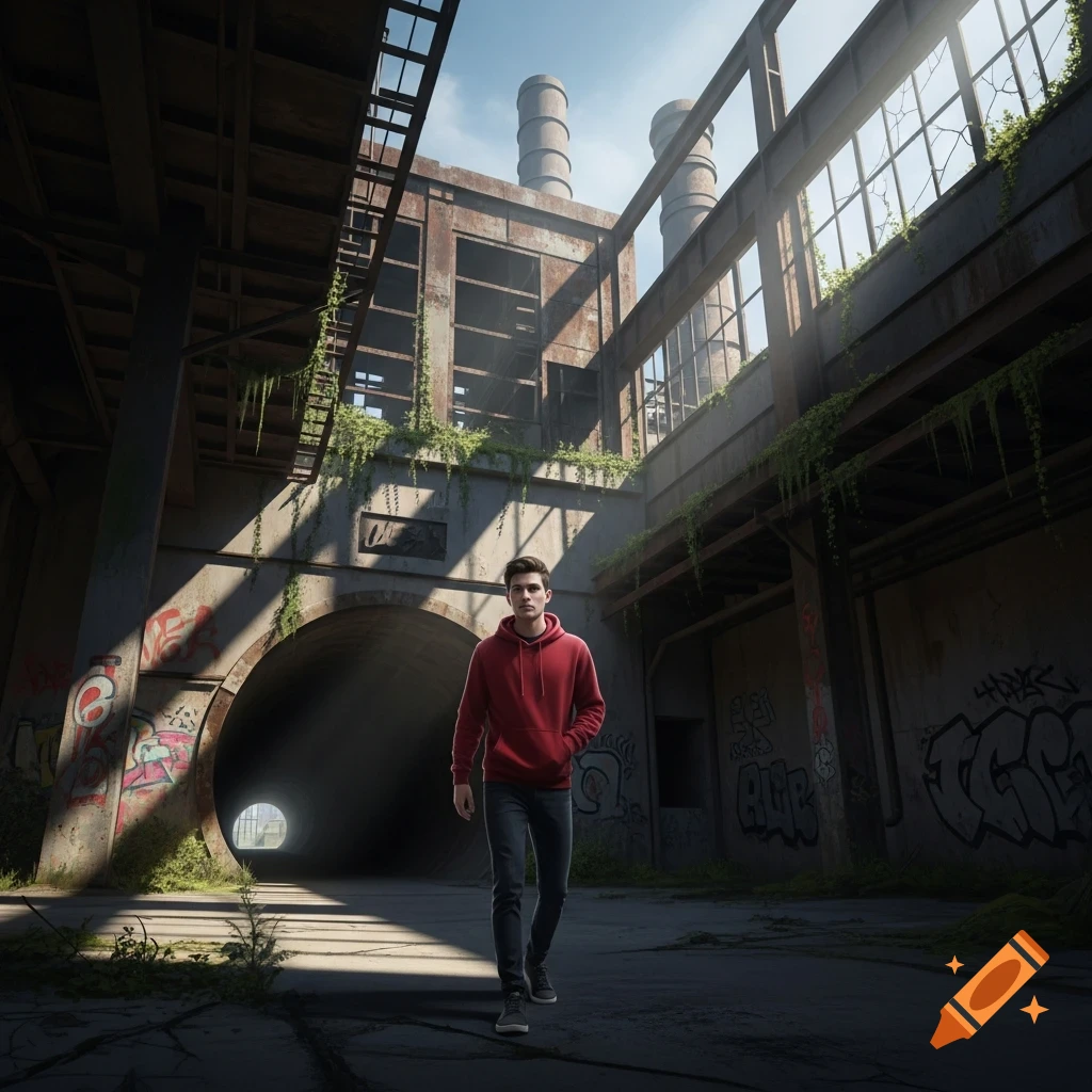A young man in a red hoodie walks through a sunlit, graffiti-covered abandoned factory with a tunnel entrance.