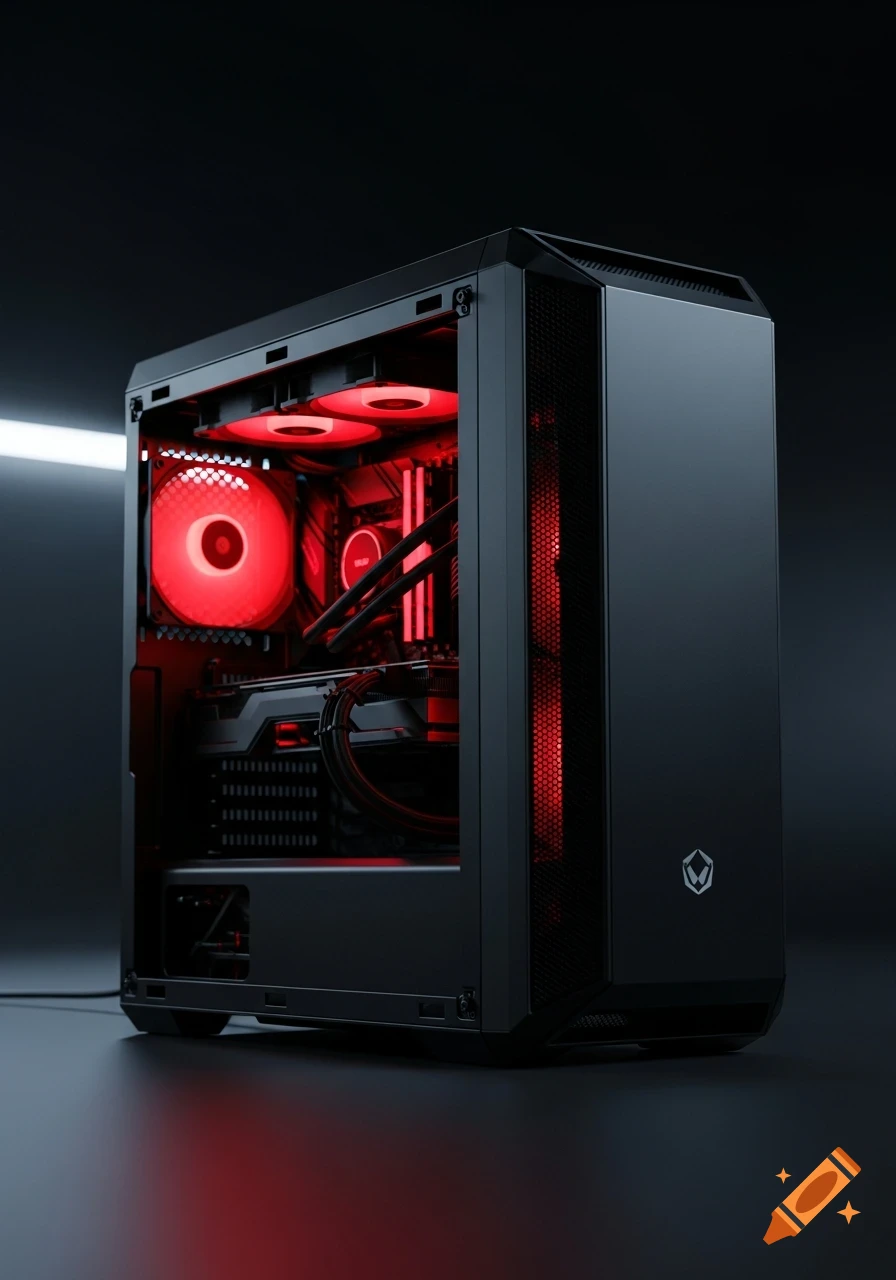 A sleek black PC case with a transparent side panel revealing red internal fans and components in a dark setting.