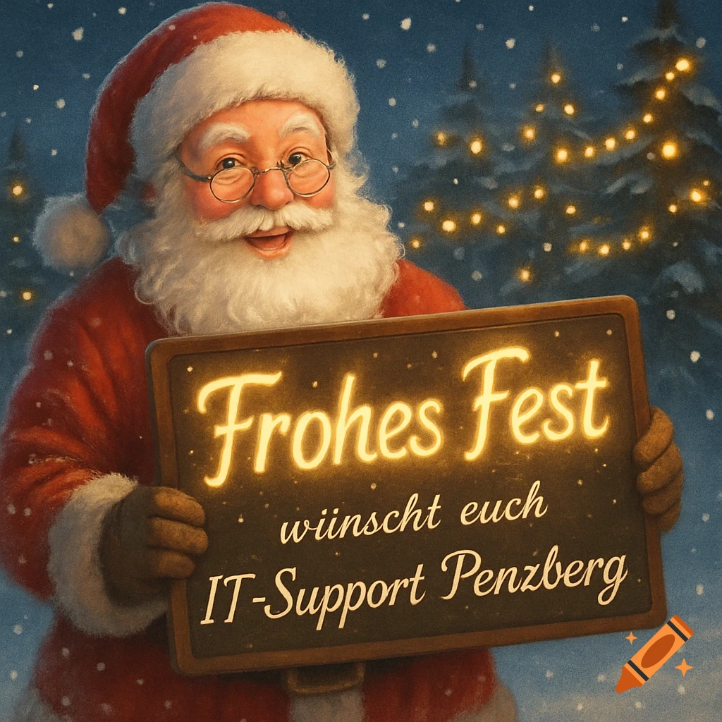 A festive illustration of Santa Claus smiling in a snowy forest, holding a glowing sign that reads "Frohes Fest wünscht euch IT-Support Penzberg".