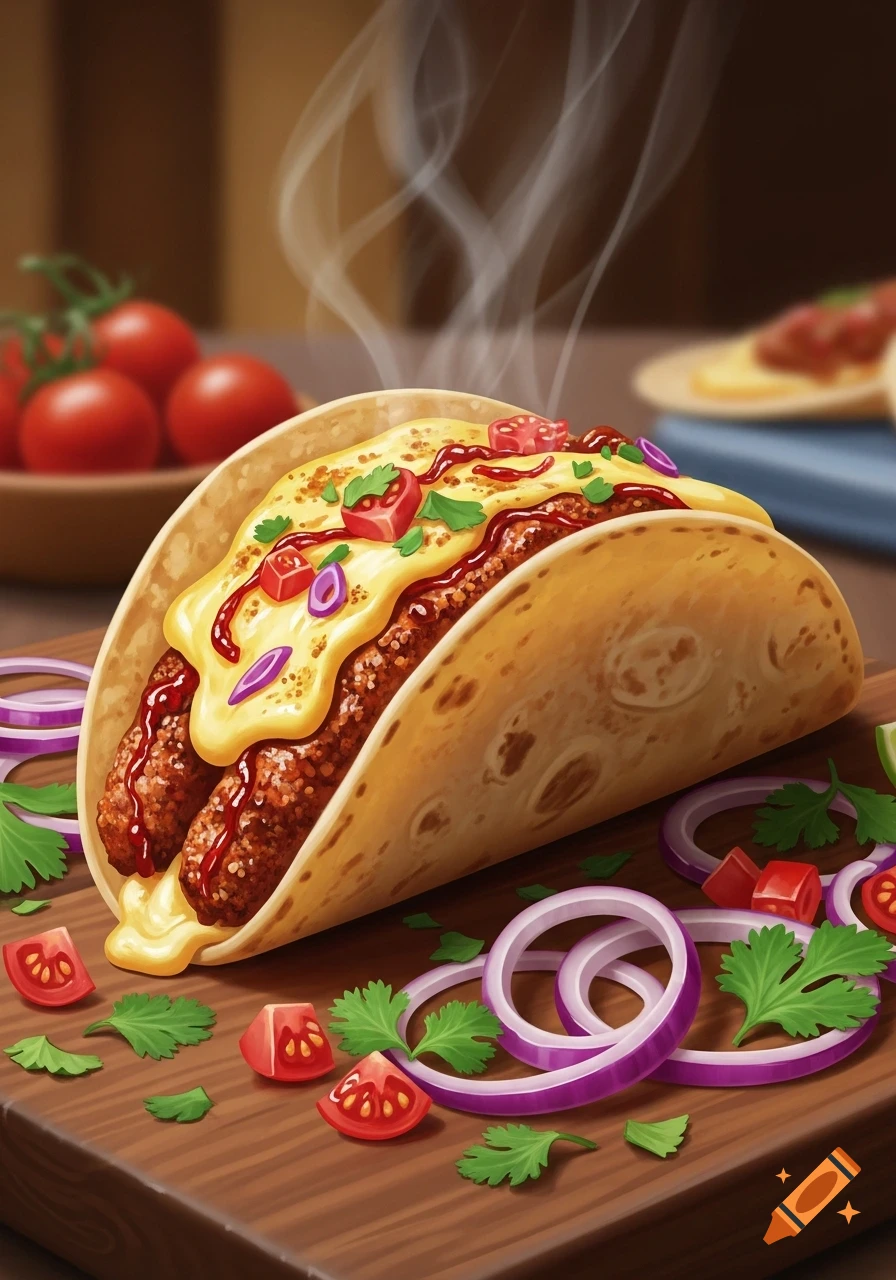 A steaming taco filled with meat, melted cheese, and sauce, garnished with tomatoes, onions, and cilantro on a wooden board.