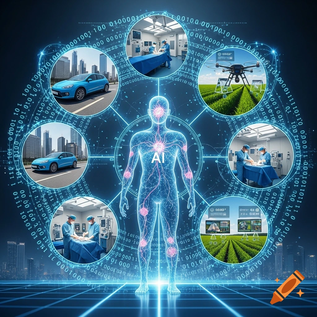 A glowing, wireframe human figure with 'AI' in the center, surrounded by circular insets depicting AI applications: a car in a city, surgery, a drone over crops, and agricultural data on screens. The scene is set on a digital grid with binary code.