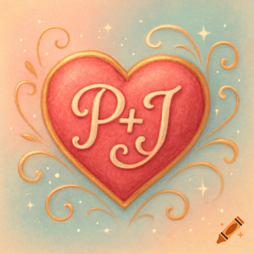 A cute, stylized red heart with a gold border, featuring the cream-colored initials 'P+J' and decorative swirls on a pastel background.
