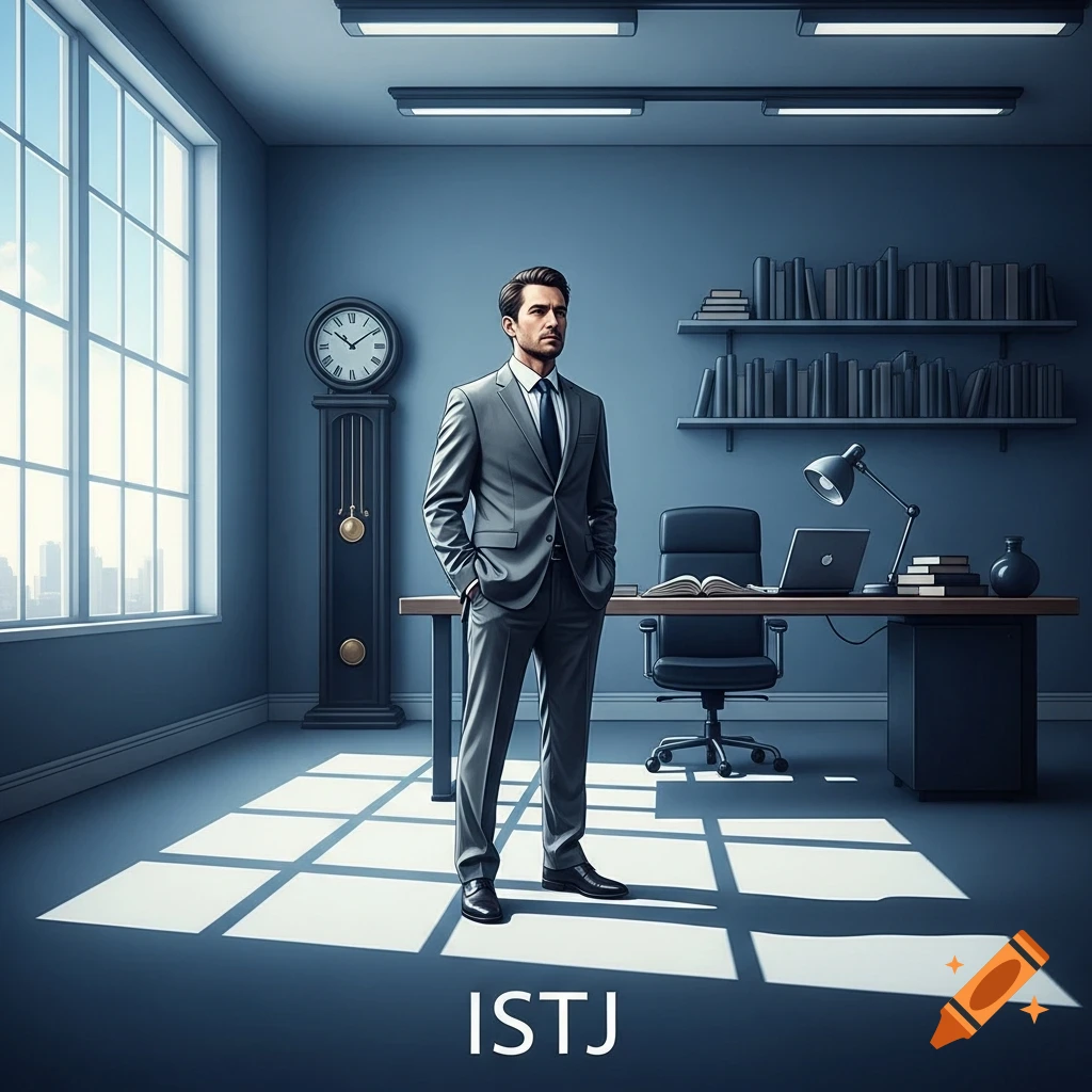 A man in a gray suit stands in a minimalist office with a large window and desk, with the text "ISTJ" below him. Photorealistic style.