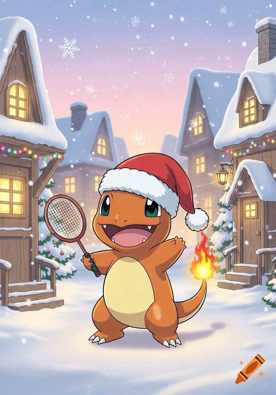 Charmander in a Santa hat holds a badminton racket in a snowy, festive village with glowing houses. Digital illustration.